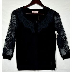JUICY COUTURE Black Soft COTTON WOOL Sheer FLORAL LACE CARDIGAN LOGO Sweater XS‎